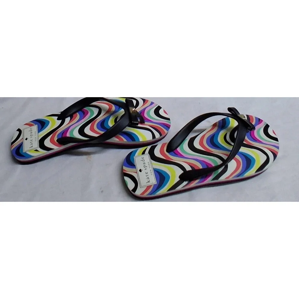 KATE SPADE NEW YORK Multicolor Swirl Bow Flip Flops Black Size 7 NWOT